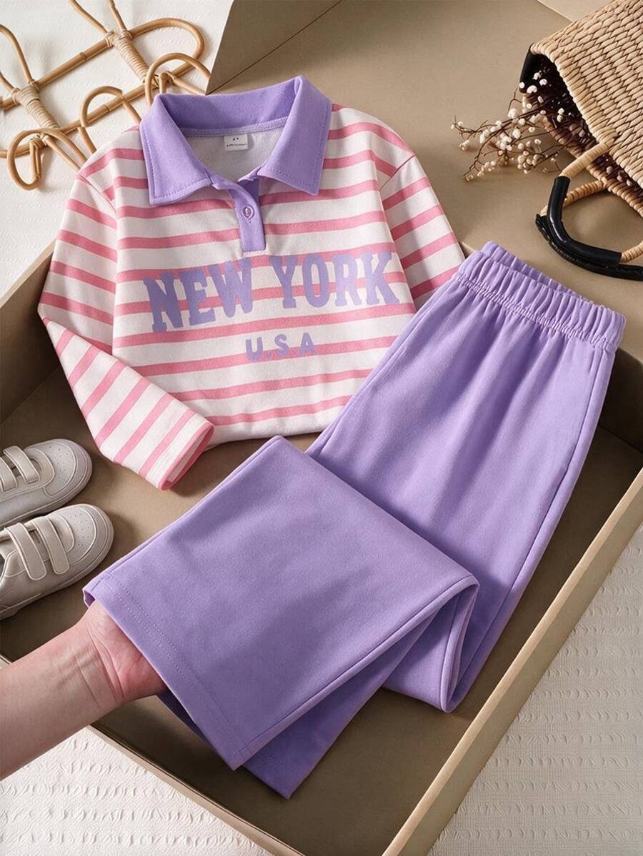 SHEIN 女童粉色與杏色條紋字母領撞色褲裝套裝,可愛甜美時尚百搭舒適休閒,適合外出與四季穿著 - 彩色 - 查看 1