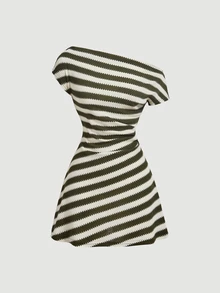 SHEIN MOD 條紋不對稱單肩修身迷你度假洋裝 - 軍綠色 - 查看 1