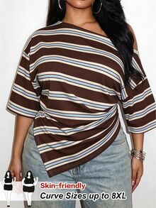 SHEIN CURVE+ 女款條紋拼接休閒百搭日常短袖不對稱露肩大尺碼全印花T恤 - 彩色 - 查看 1