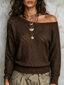 SHEIN Asymmetrical One Shoulder Knit Pullover Coffee Brown Loose Drop Shoulder Sweater For Autumn Brunch French Casual - Coffee Brown - View 8