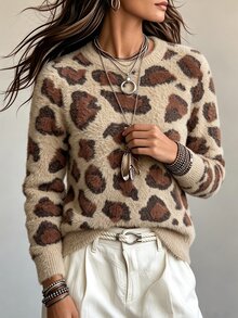 SHEIN Women's Fashion Street Leopard Print Long Sleeve Sweater - Multicolor - View 4