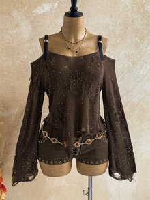 Soleia Women's Fashion Sequin Knit Distressed Y2K Decor Asymmetrical Knit Top - Brown - View 3
