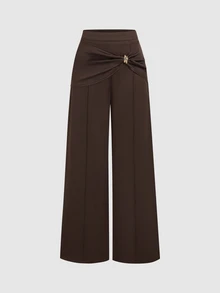Sweetra Women's Asymmetrical Patchwork Metal Buckle Wide Leg Trousers, Casual Daily Wear, Elegant Commute Style - Brown - View 1