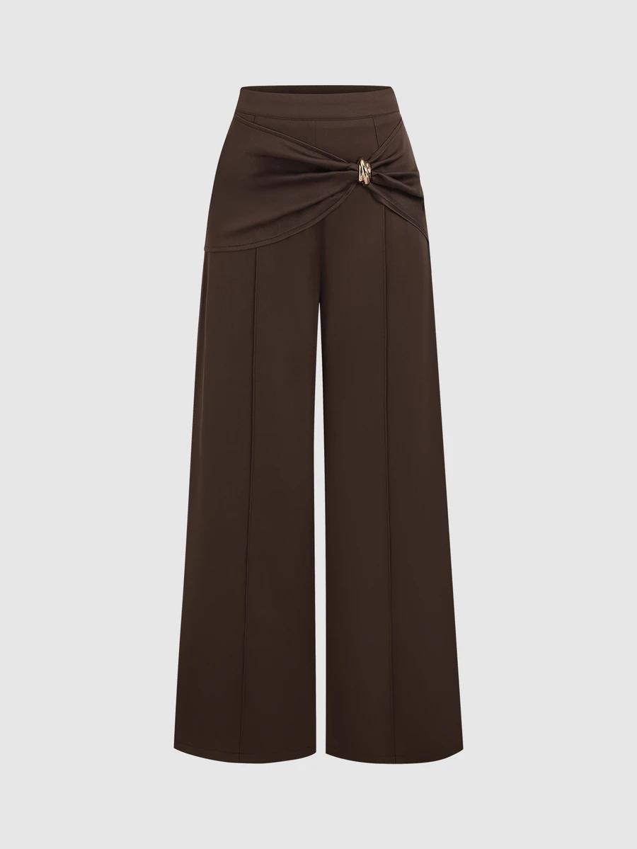 Sweetra Women's Asymmetrical Patchwork Metal Buckle Wide Leg Trousers, Casual Daily Wear, Elegant Commute Style - Brown - View 1