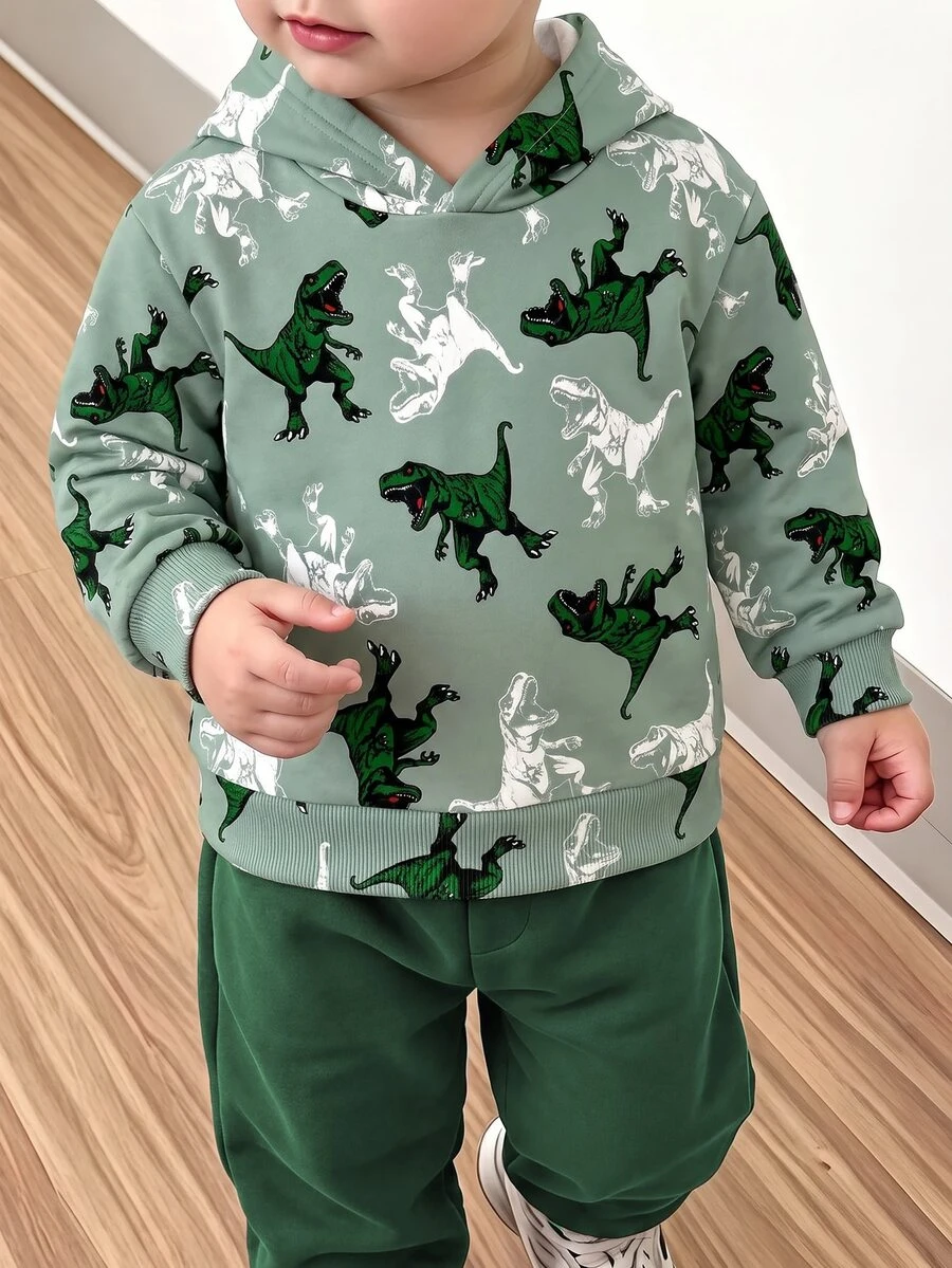兒童小男孩連帽長袖運動衫,經典帥氣卡通恐龍印花,適合秋冬穿著 - 彩色 - 查看 1