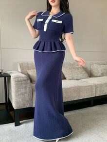 Modelyn Elegant Commuter Short Sleeve Sweater & Knit Skirt 2 Pieces Set - Blue - View 6