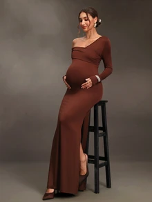SHEIN Maternity Coffee Brown Cinched Waist Pleated One Shoulder Long Sleeve Slit Dress - Coffee Brown - View 3