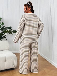 SHEIN EZwear Plus Size Striped Patchwork T-Shirt And Pants For School, Casual Home, Brown Versatile Striped Long Sleeve Long Pants 2 Pieces Set - Brown - View 2
