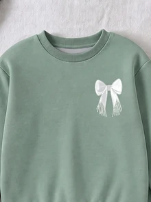 女童時尚休閒蝴蝶結仿刺繡印花圓領長袖衛衣寬腿褲套裝，柔軟面料，適合秋冬外出穿著 - 彩色 - 查看 4