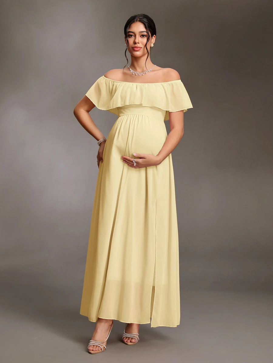 Cheriluna Maternity 優雅露肩荷葉袖側開衩A字雪紡孕婦洋裝 - 黃色 - 查看 1
