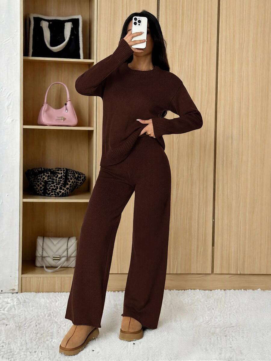 SHEIN PETITE 女款純色圓領長袖毛衣搭配長褲休閒正裝套裝,秋冬款 - 咖啡棕 - 查看 1