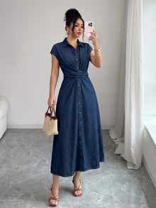 Elenzga Batwing Sleeve Ruched Button-Down Washed Denim Dress, Fashionable And Elegant - Dark Wash - View 4