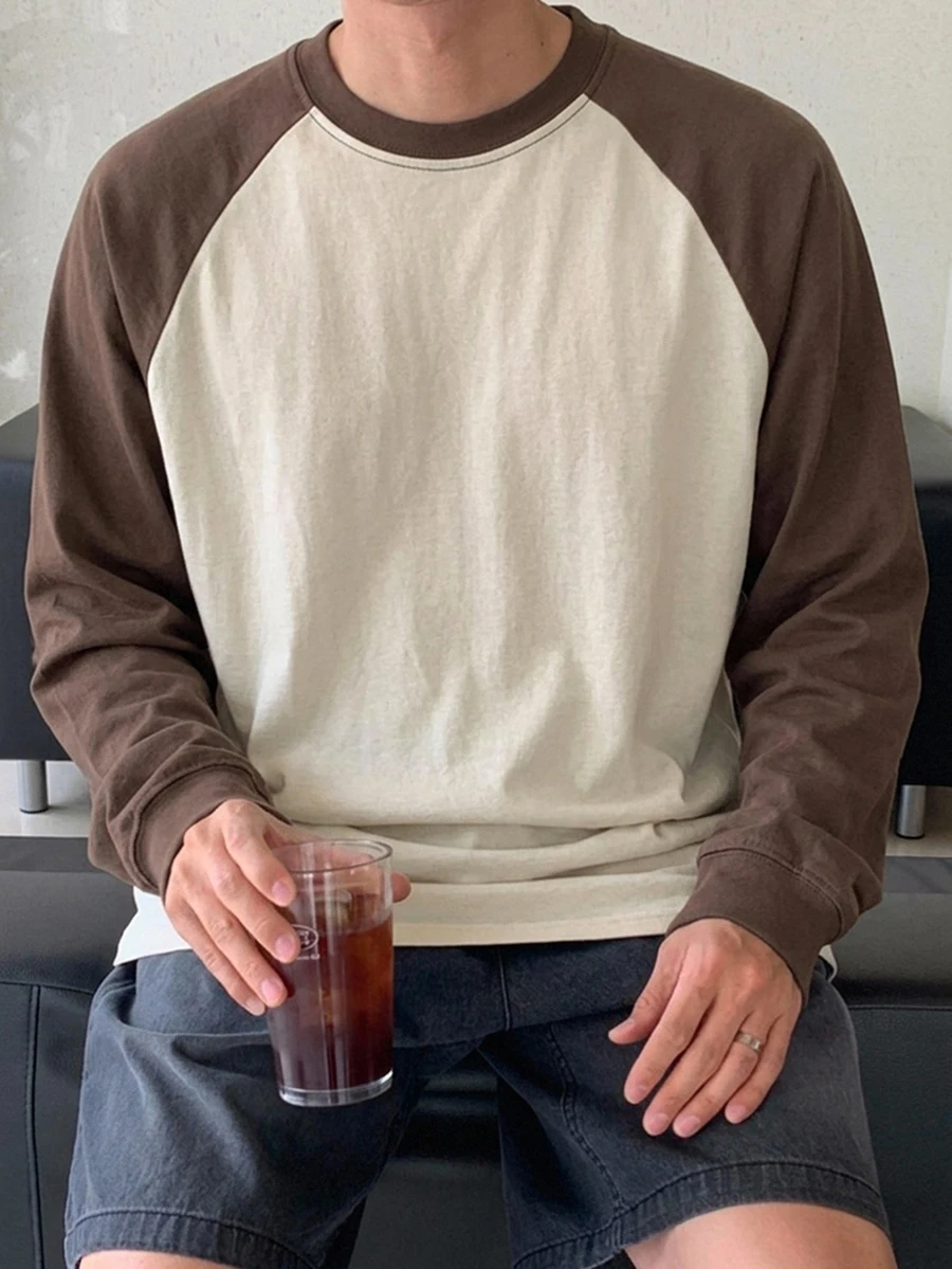 DAZY Men's Brown & Deep Apricot Colorblock Raglan Sleeve Crew Neck T-Shirt, Spring/Autumn - Brown - View 1