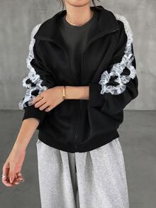 FRIFUL Women's Autumn Contrast Color Frill Trim Regular Jacket - Black - View 4