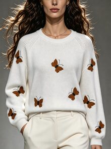 SHEIN Women's Knitted Pullover Top With Butterfly Embroidery - White - View 2