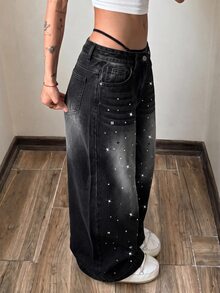 StreetHx Women's Loose Wide Leg Casual Denim Jeans With Pocket And Rhinestone - Black - View 7