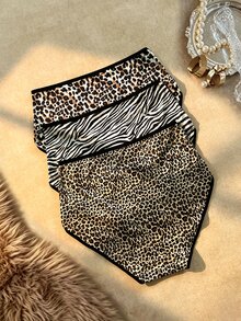 Bare Chapter 3pcs Plus Size Women's Contrast Lace Zebra & Leopard Print Panties - Multicolor - View 2
