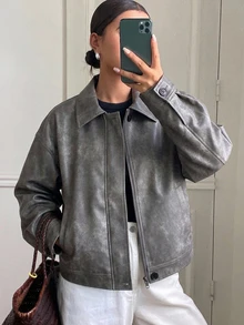 DAZY 秋冬新款女款寬鬆休閒加厚PU常規外套夾克 - 深灰色 - 查看 7