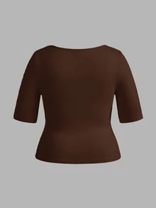 SHEIN BASICS 3件裝休閒純色針織方領短袖修身大尺碼T恤 - 彩色 - 查看 5