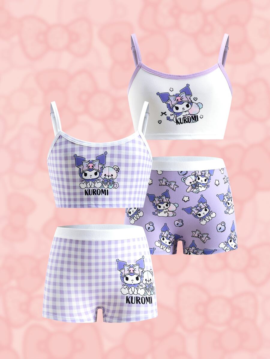 HELLO KITTY AND FRIENDS | SHEIN مجموعة ملابس داخلية للبنات المراهقات 4 قطع، كاميسول وسروال بوكسر، باللون البنفسجي - الأرجواني - مشاهدة 1