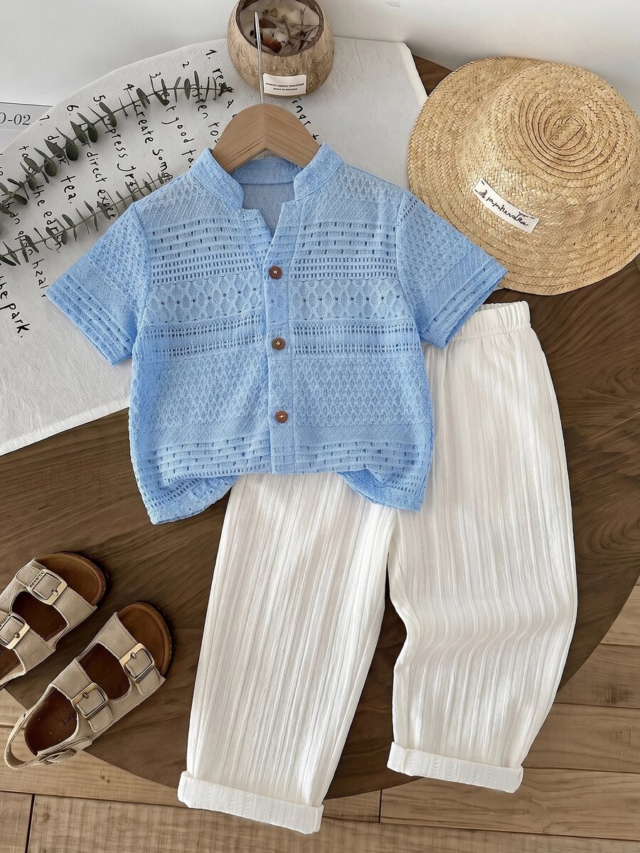 Kids Young Boy Knitted Jacquard Casual Shirt And Woven Long Pants 2 Pieces Set - Multicolor - View 1