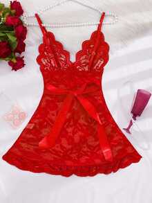 SHEIN 1件女款性感蕾絲拼接網紗睡裙 - 紅色 - 查看 2