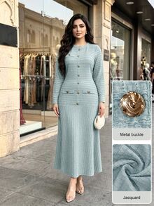 Modelyn Women's Long Autumn Round Neck Metal Button Long Sleeve Jacquard Plus Size Elegant Party Dress - Blue - View 3