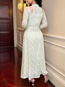 Feyla Women's Elegant Commute Solid Color Jacquard Cold Shoulder Long Dress - Khaki - View 3