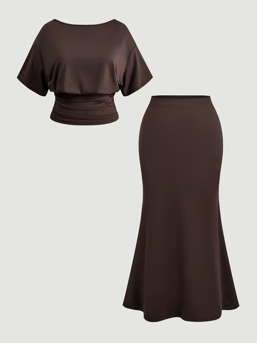 SHEIN MOD Plus Size New Backless Top And Skirts 2 Pieces Set, Suitable For Commuting And Street Style - Mocha Brown - View 1