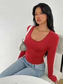 SHEIN EZwear 女款休閒極簡大圓領短袖紅色修身長袖打底T恤，適合秋冬穿著 - 紅色 - 查看 5
