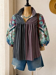 SHEIN CURVE+ 大尺碼女款條紋休閒七分袖襯衫 - 彩色 - 查看 3