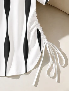 SHEIN قميص صيفي كاجوال بمقاسات كبيرة مع طباعة كتل لونية ورباط جانبي - أبيض - مشاهدة 3