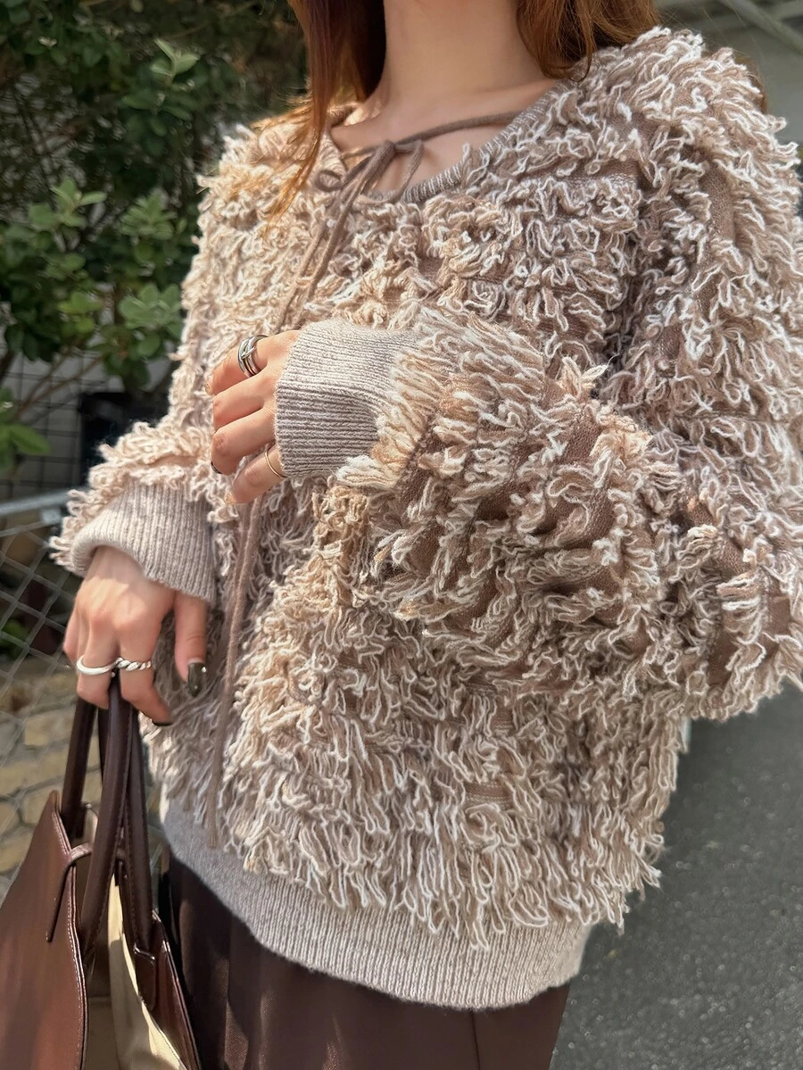 FRIFUL Women's Autumn Special Knit Tie-Front Sweater - Apricot - View 1