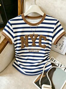 Franclia Women's Striped Short Sleeved T-Shirt With Printed With New York Letters Foaming Process ,College Style Autumn New Top,Casual Pretend,Gift For Friends - Multicolor - View 3