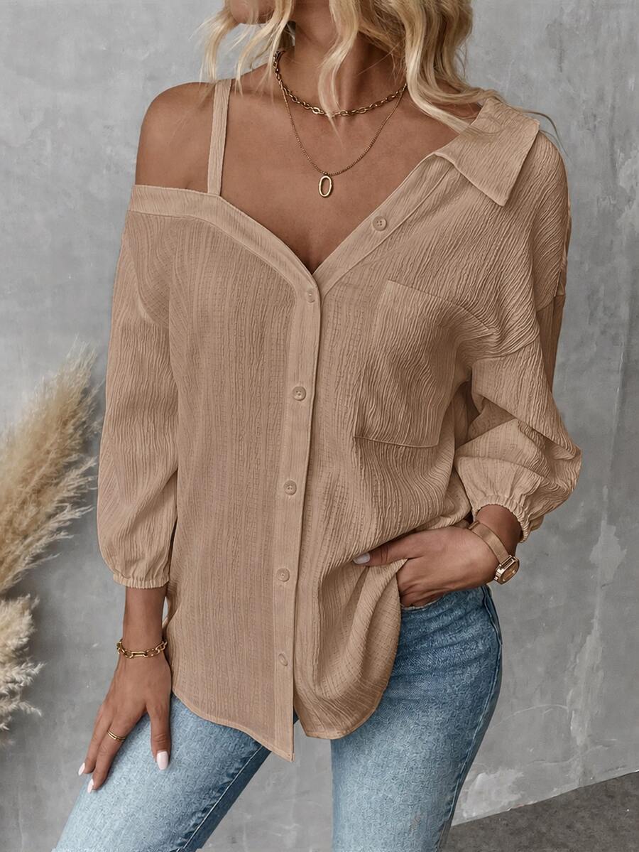 SHEIN Essnce 女款春秋純色不對稱領落肩寬鬆休閒性感上衣 外出穿搭 駝色 - 駝色 - 查看 1