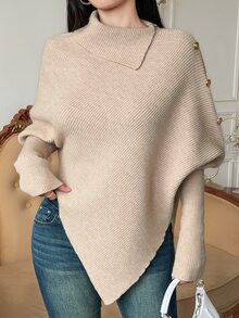 DAZY Autumn/Winter Asymmetrical Hem Cape Batwing Sleeve Metal Button Decor Commute Elegant Women Blouse - Apricot - View 1