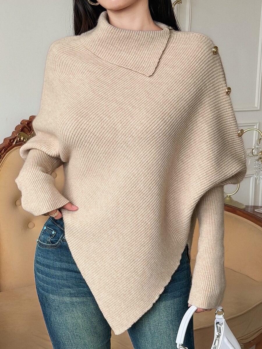 DAZY Autumn/Winter Asymmetrical Hem Cape Batwing Sleeve Metal Button Decor Commute Elegant Women Blouse - Apricot - View 1