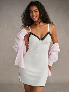 Esseday White Knitted High Elastic Lace Patchwork Contrast Color Frill Trim Lace Patchwork Minimalist Casual Women's Nightgown - White - View 5