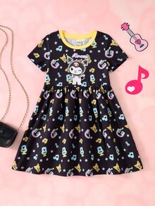 HELLO KITTY AND FRIENDS | SHEIN Gaun Kasual Lengan Pendek Motif Kartun Not Musik untuk Anak Perempuan - Hitam - View 1