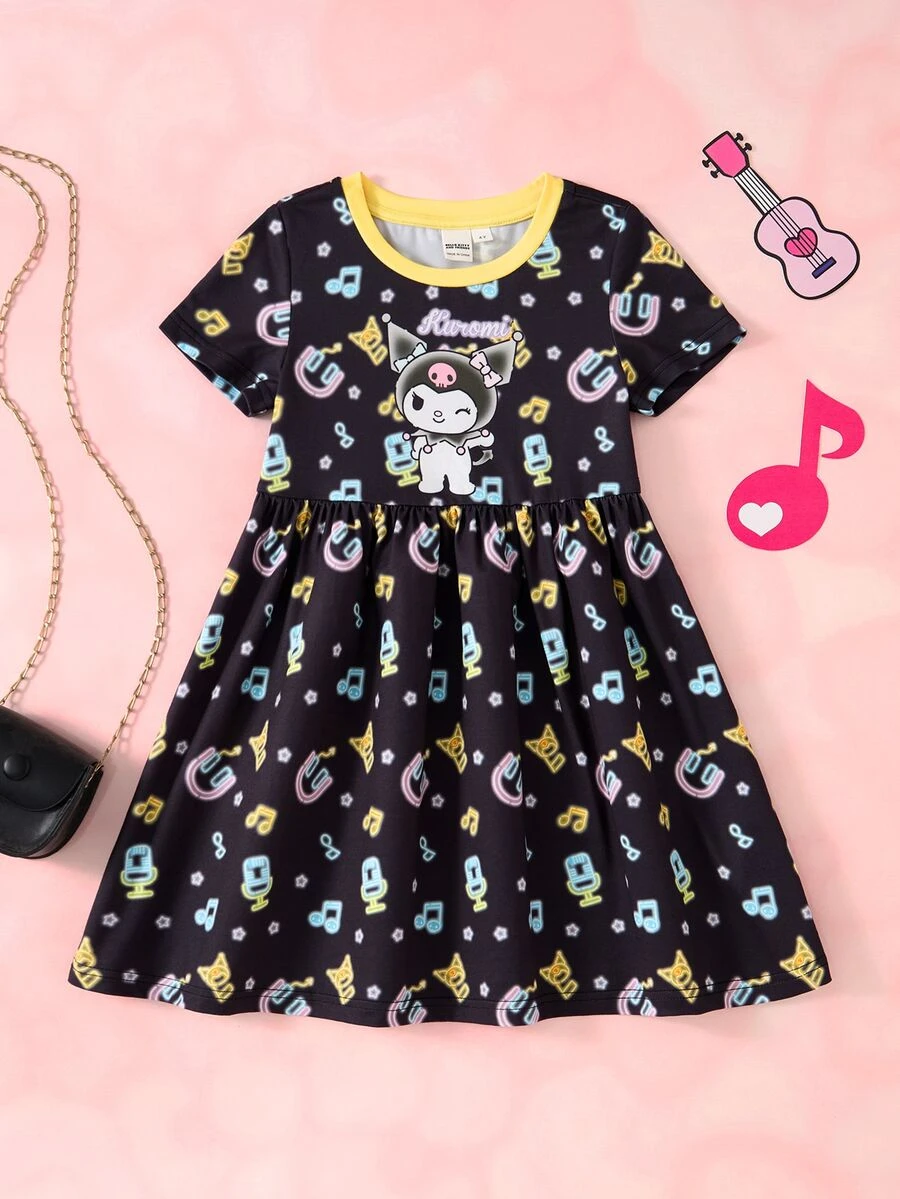 HELLO KITTY AND FRIENDS | SHEIN Gaun Kasual Lengan Pendek Motif Kartun Not Musik untuk Anak Perempuan - Hitam - View 1