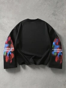 ROMWE MEN Street Life Men's Blurred Portrait Print Long Sleeve T-Shirt - Black - View 3