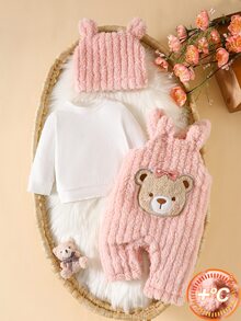 SHEIN 3件組新生女嬰抓絨連身褲 可愛甜美粉色熊蝴蝶結耳帽 毛茸茸長袖圓領加厚款 聖誕冬季假日秋季純色 - 淺粉色 - 查看 4