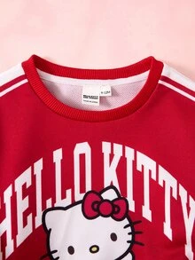 HELLO KITTY AND FRIENDS | SHEIN 女嬰字母條紋印花圓領長袖休閒衛衣 - 紅色 - 查看 4