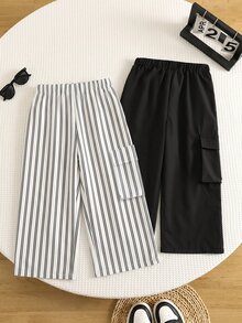 SHEIN 2件組男孩休閒運動可愛日常舒適街頭風百搭印花直筒褲與黑色純色口袋工裝褲，適合外出、上學、日常聚會，春、夏、秋、冬四季皆宜 - 彩色 - 查看 2