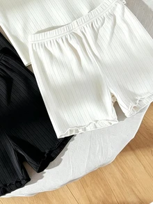 2 Sets Teen Girl Blind Box Style 6-Piece 2 Tops And Shorts Set, Solid Color Ribbed Fabric Design For Minimalist Versatile Look, - Multicolor - View 5
