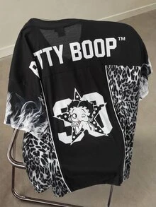 Betty Boop x SHEIN Men's Leopard Print V-Neck Short Sleeve Casual T-Shirt - Black - View 2