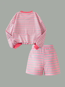 SHEIN 女童印花運動衫套裝，秋季穿搭，寬鬆圓領上衣 + 短褲，初秋新品，運動風，校園休閒粉色 - 粉色 - 查看 6
