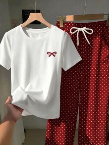 SHEIN EZwear 2件組刺繡圓領短袖上衣與條紋印花長褲，休閒風 - 紅色 - 查看 5