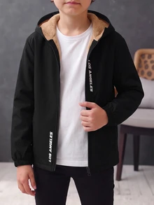 SHEIN 兒童青少年男孩休閒學院風抓絨內裡連帽字母圖案夾克，梭織加厚款，適合學校、花園、海灘、生日，春夏秋冬四季穿著，黑色、棕色 - 黑色 - 查看 3