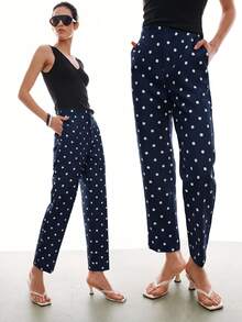 MOTF PREMIUM MINIMALIST FRENCH POLKA DOT TAPERED ANKLE PANTS - Navy Blue - View 1